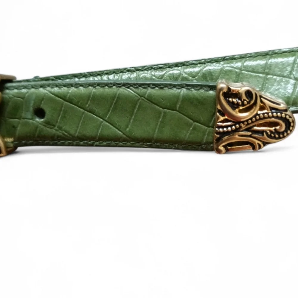 Coldwater Creek Green Leather Belt with Ornate Gold Buckle. Size Medium.